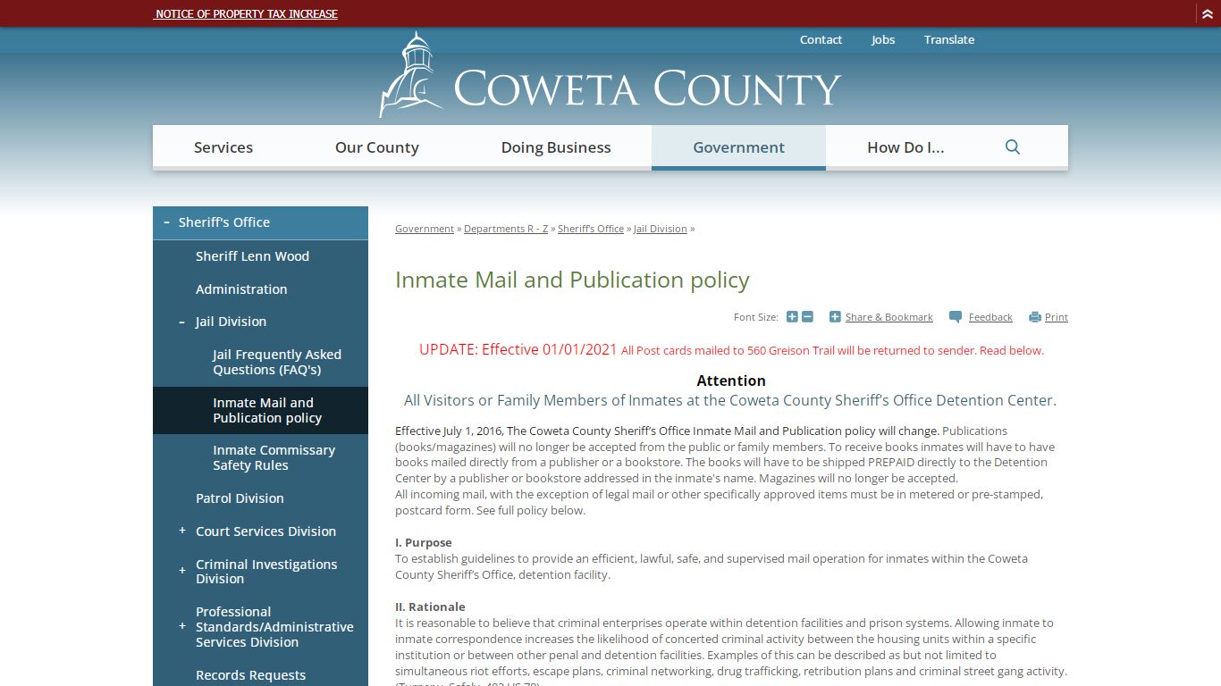 Inmate Mail and Publication policy | Coweta County, GA Website